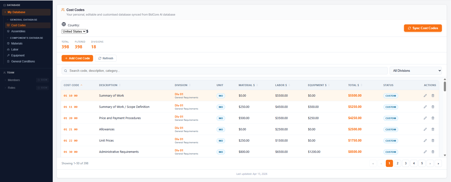 BidcoreAI Cost Database — CSI Cost Codes