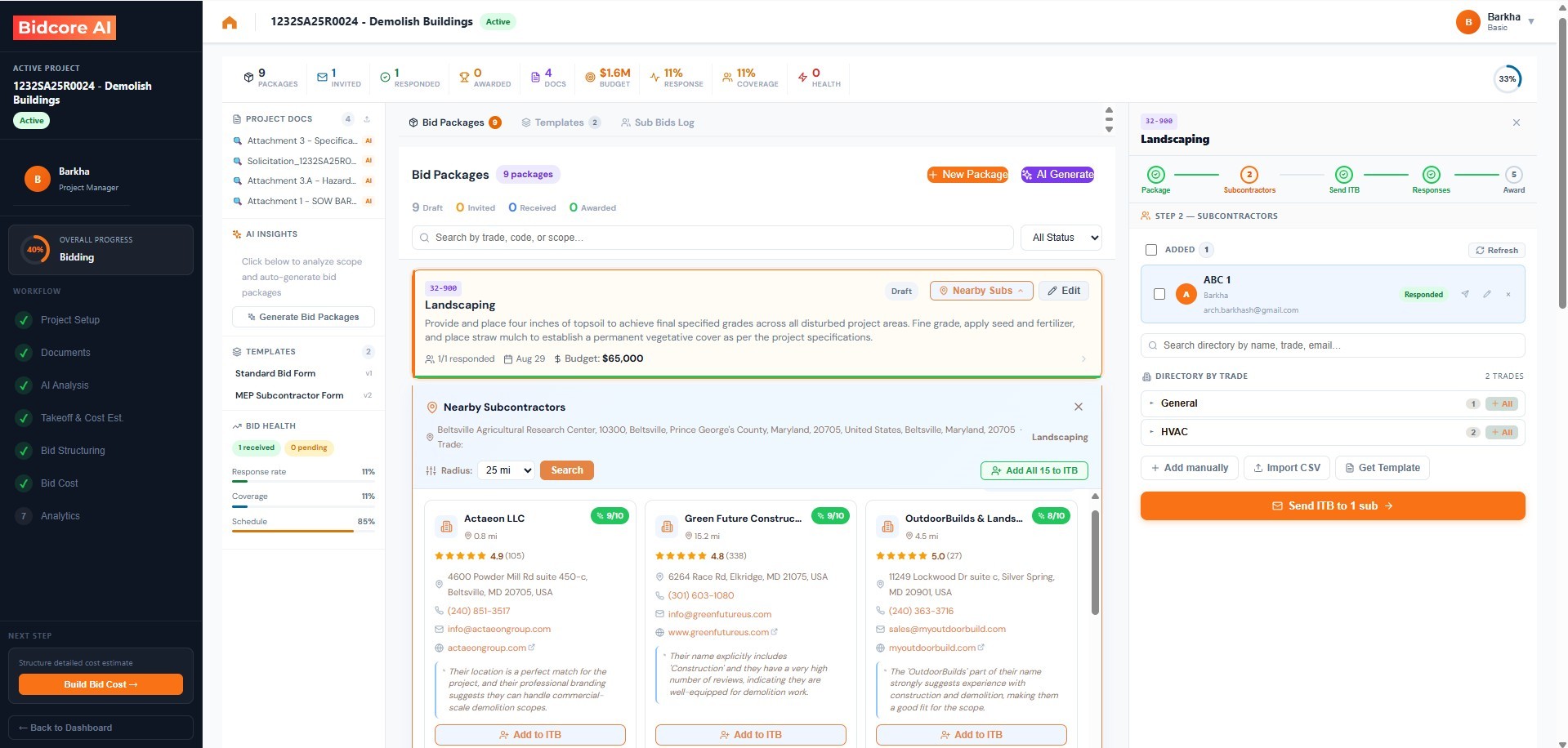 Bid packages and subcontractor leveling in the bid workspace