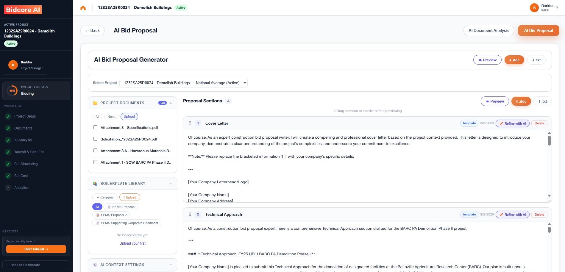 AI-drafted proposal sections in the proposal writer