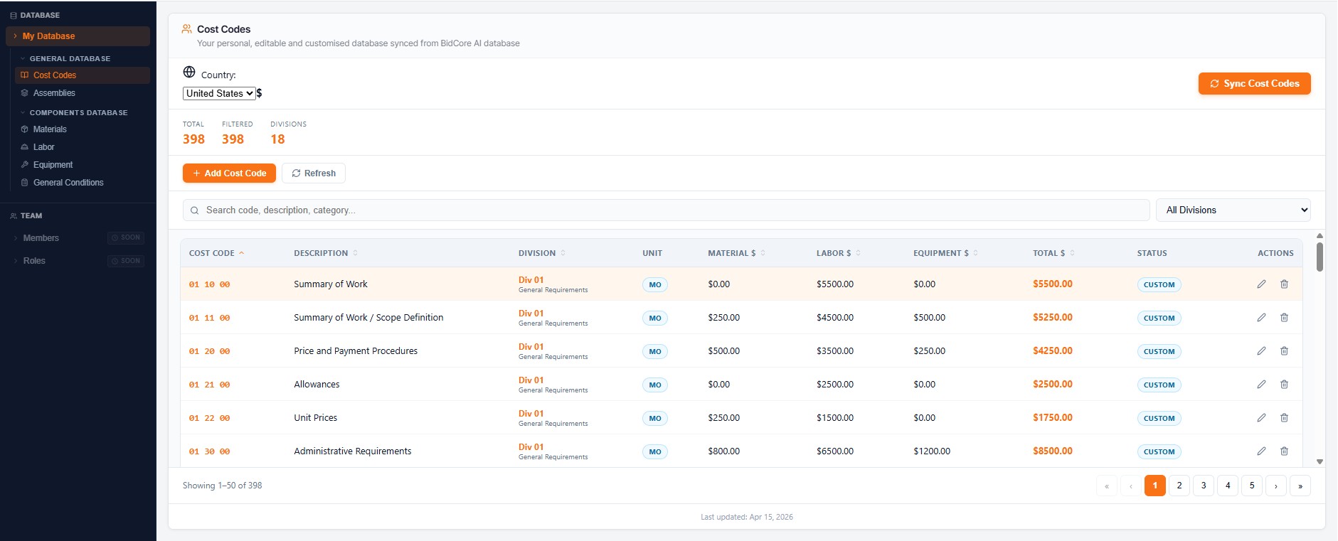 Cost codes and divisions in your own BidcoreAI cost database