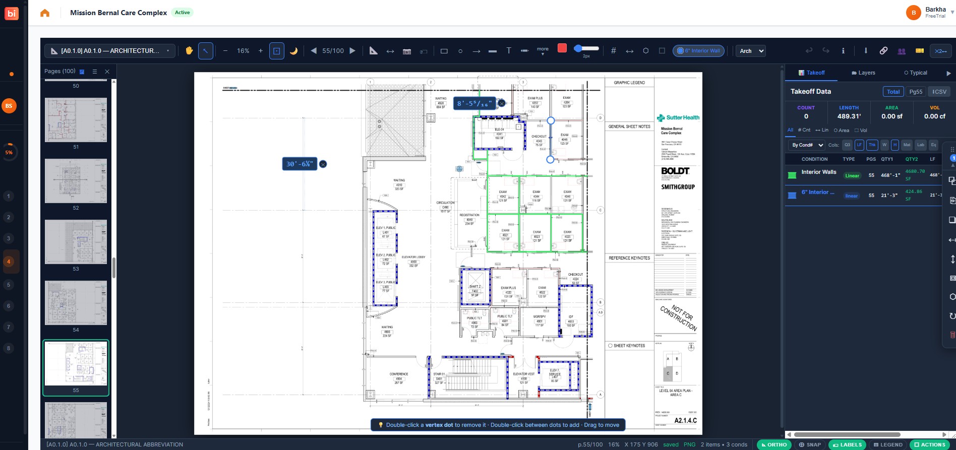 On-screen quantity takeoff in the BidcoreAI workspace